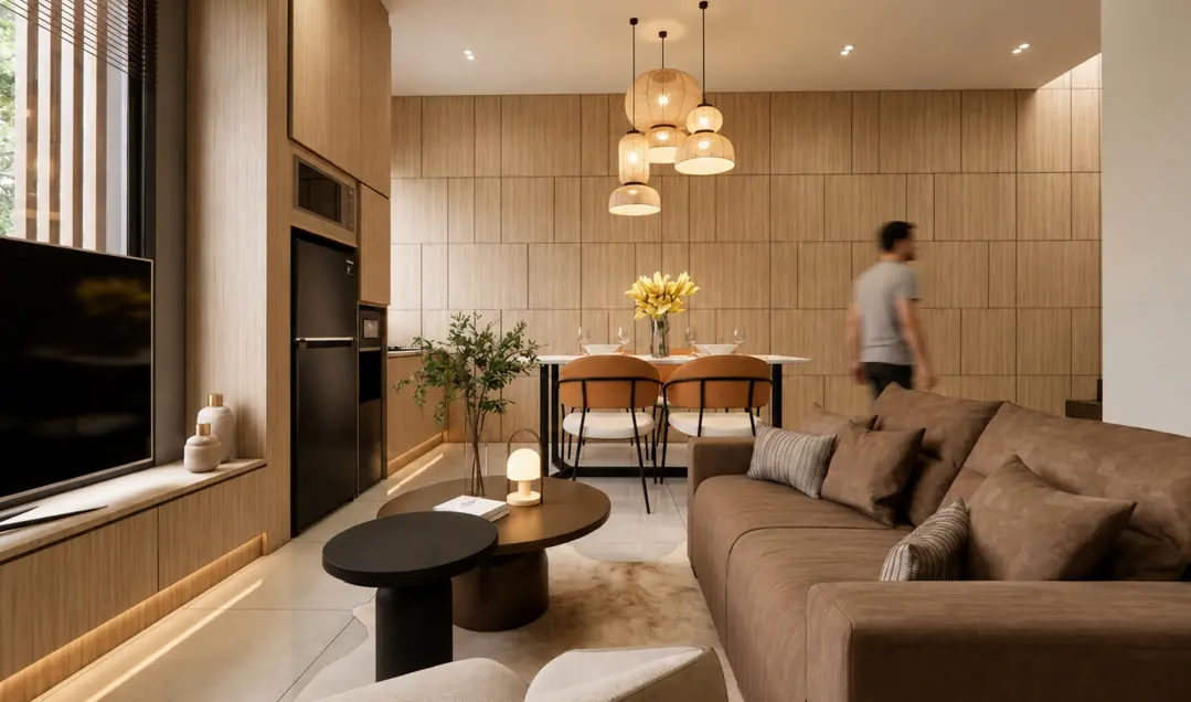 Render ruang keluarga dan dapur Sierra Extension Serenia Hills Lebak Bulus